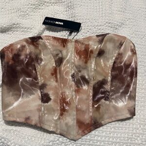Fashion Nova Satin Tie-Dye Bustier Top - Cream & Brown
